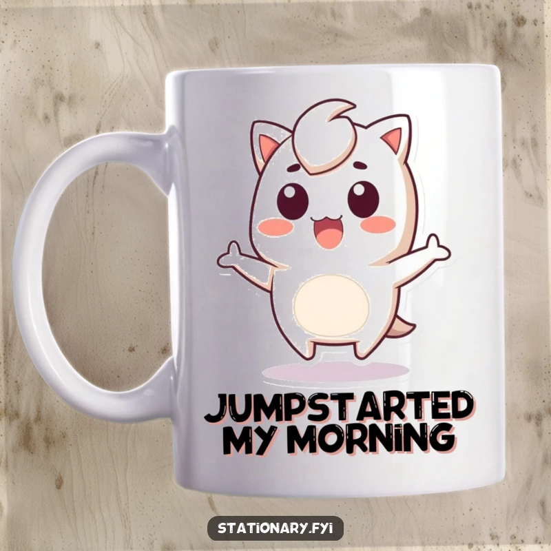 Funny Mug featuring a Kawaii staple remover character mid-air, caught in a comical, surprised little jump.