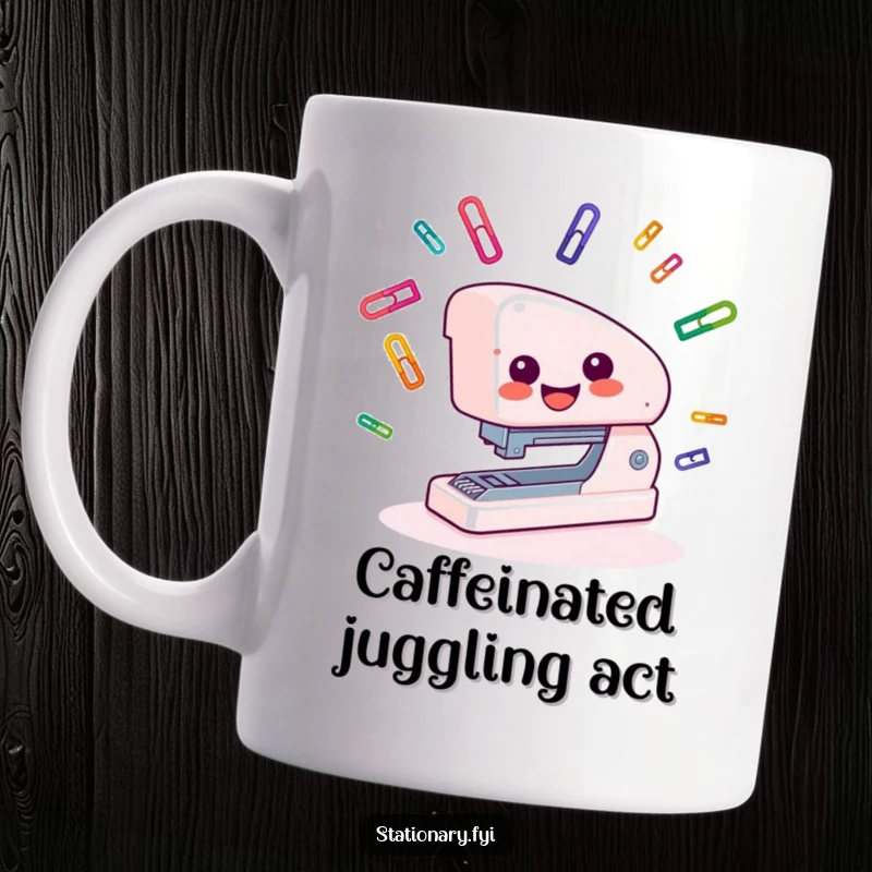 Funny Mug of a smiling stapler expertly juggling colorful paper clips, celebrating office multitasking and humor.