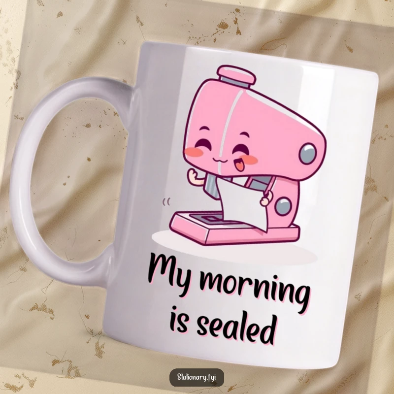 Funny mug featuring a giddy stapler character enthusiastically zapping paper together, bringing office joy.