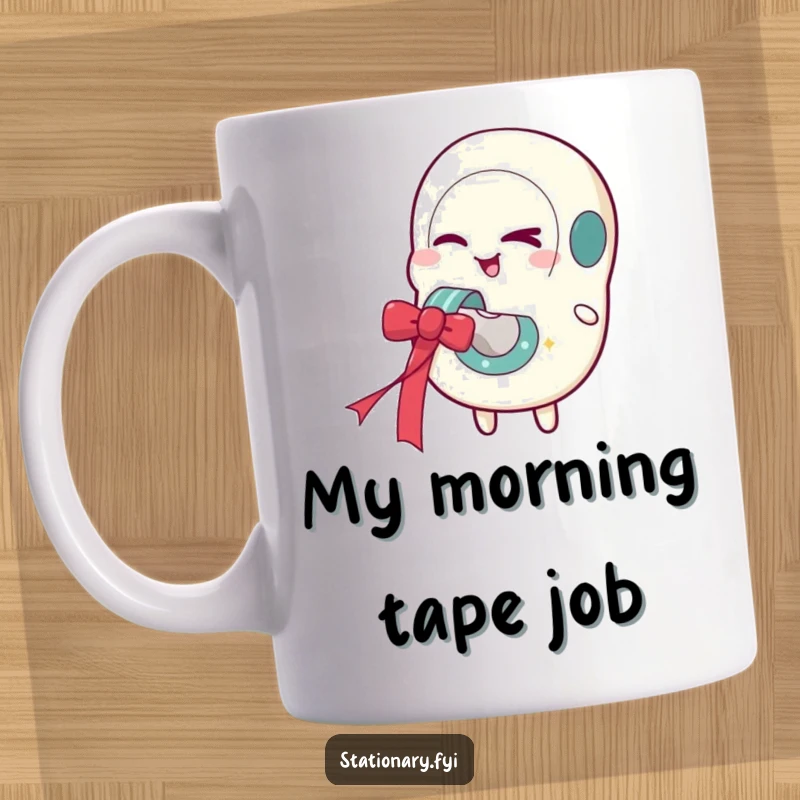 Funny mug featuring a winking tape dispenser character, joyfully dispensing a colorful festive ribbon, perfect for office humor.