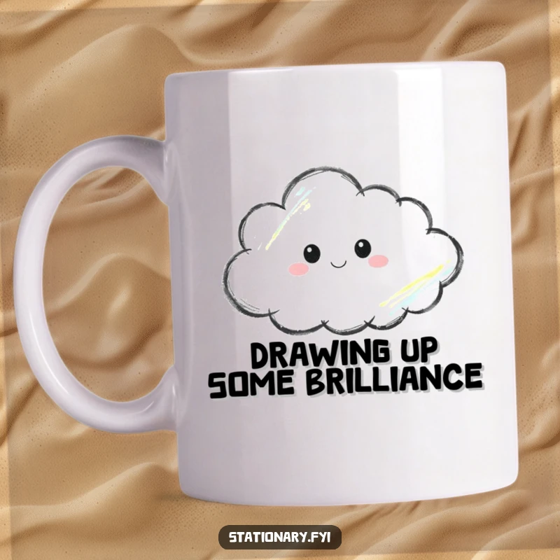 Funny mug featuring a thoughtful crayon intently sketching a soft cloud, inspiring creativity and gentle contemplation.