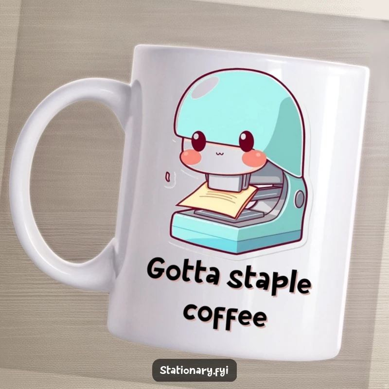 Funny Kawaii Stapler Mug: A cute stapler character playfully chomps on a piece of paper, showing office humor.