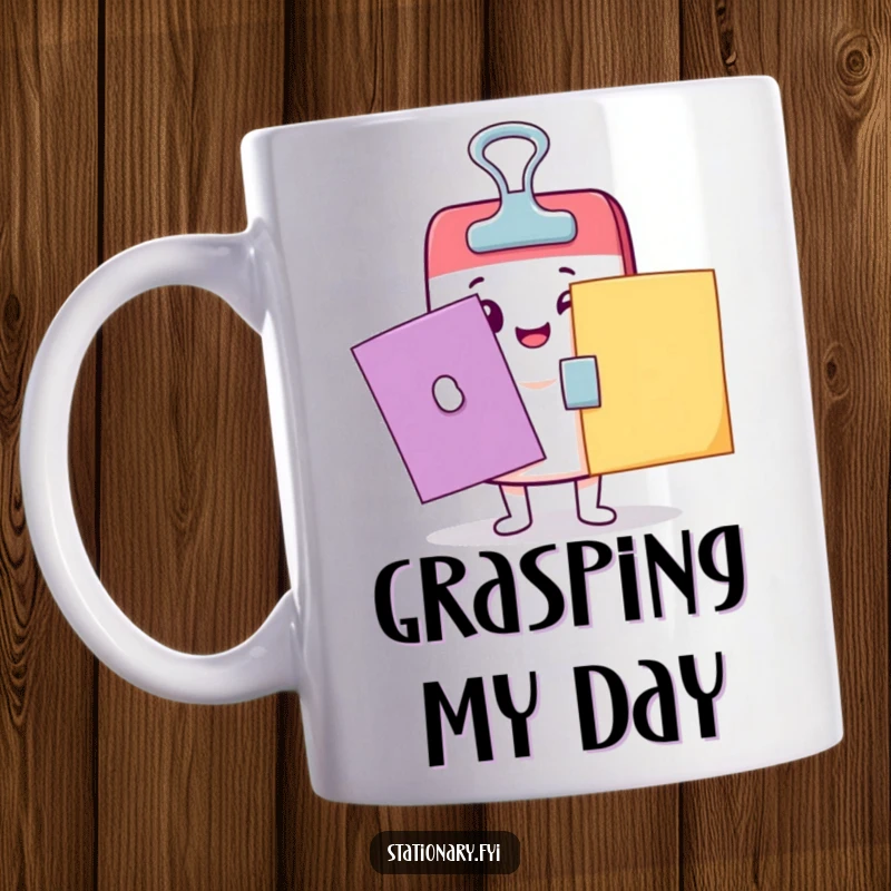 Funny Kawaii binder clip character happily clamping colorful papers on a white mug, perfect for a funny gift.