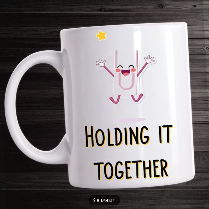 Funny ceramic mug featuring a happy paperclip character in mid-air, doing a celebratory jump, radiating pure excitement, a perfect funny gift.