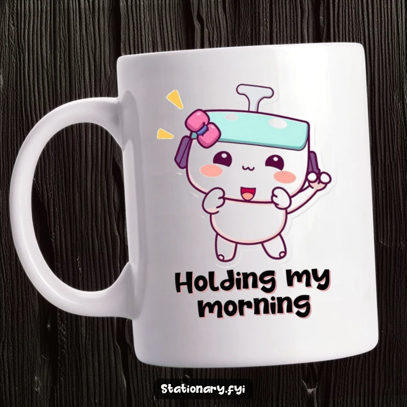 Funny kawaii binder clip mug featuring a cute character performing a playful pinch with a mischievous expression.