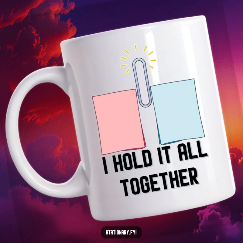 Funny Paperclip Mug: A cheerful paperclip humorously connecting two vibrant sheets of paper, perfect for office laughs.