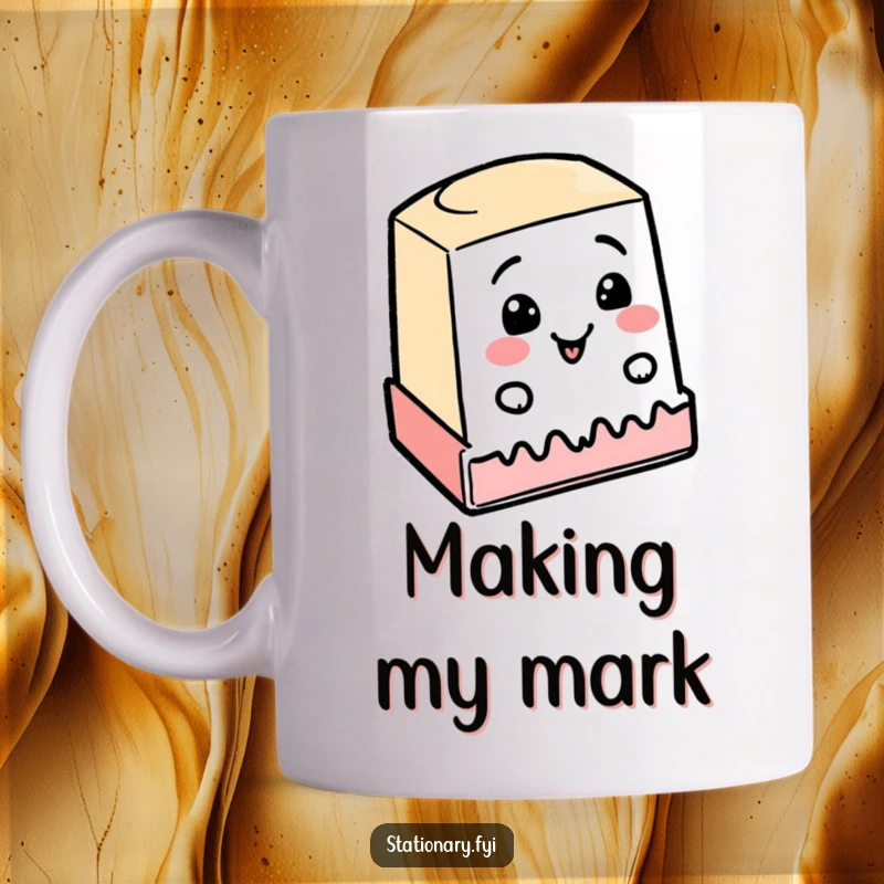 Funny mug featuring a happy rubber stamp joyfully stamping a crooked line, symbolizing cheerful imperfection and enthusiasm.