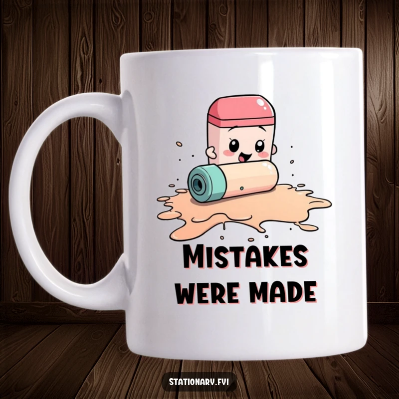 Funny mug featuring a frantic eraser rolling desperately to clean a massive ink spill, symbolizing a humorous attempt to fix mistakes.