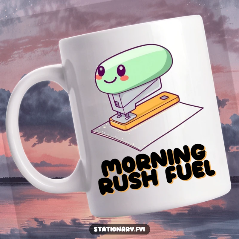 Funny mug featuring a cheerful stapler in mid-zip across a sheet of paper, symbolizing productivity and humor.
