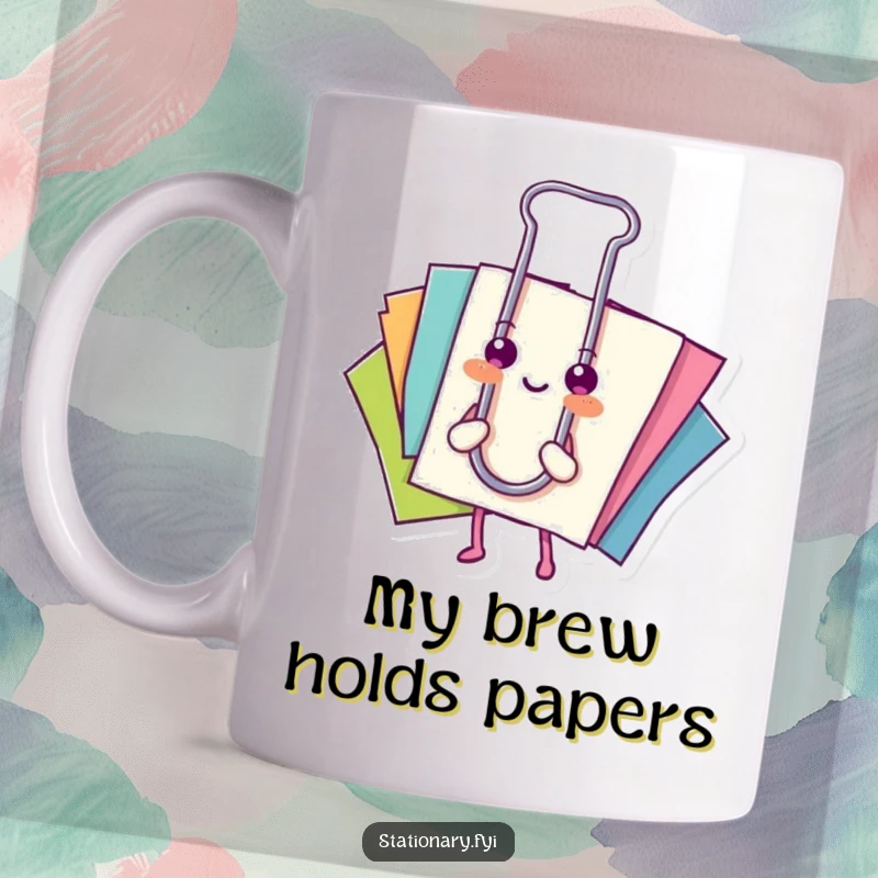 Funny mug: A cheerful paperclip happily secures a stack of colorful papers, symbolizing organization.