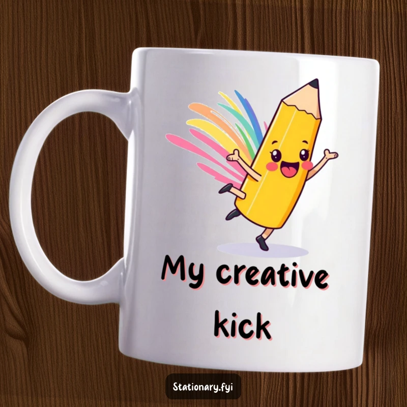 Funny playful pencil mug, doing a cartwheel, leaving colorful streak, symbolizing creativity and fun. Perfect for coffee.
