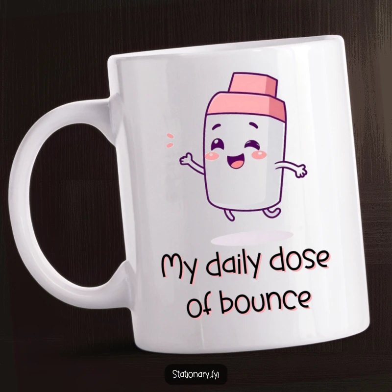 Funny mug with a giggling eraser character playfully bouncing with joy, showcasing a humorous and lighthearted stationery design.