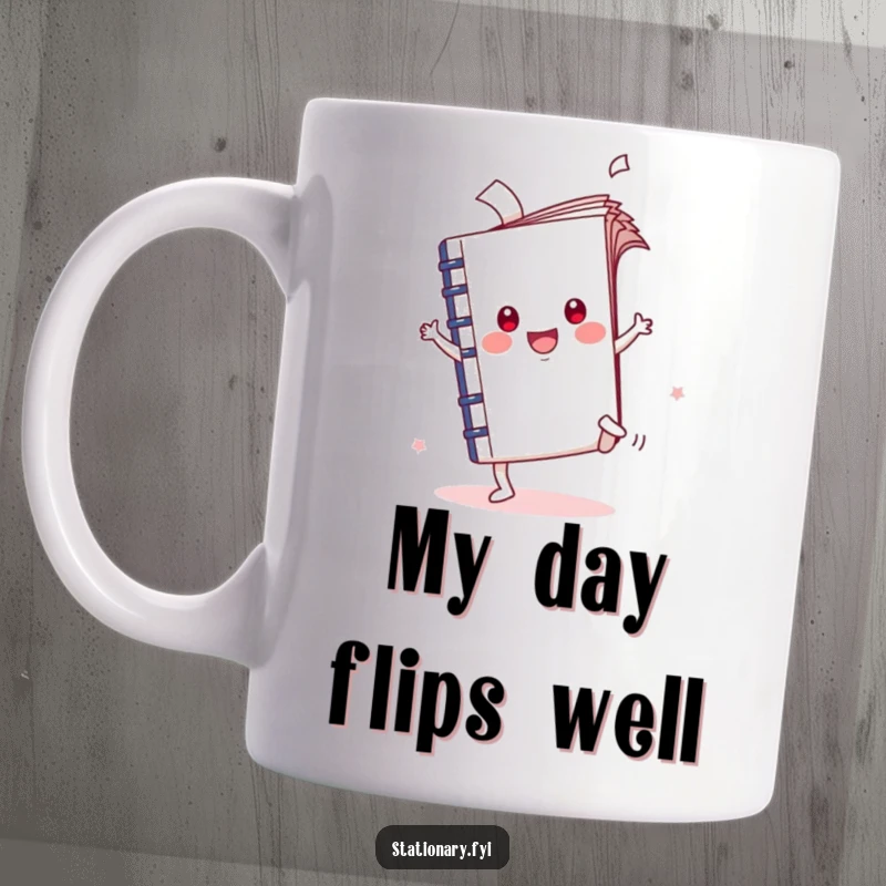 Funny Kawaii Notebook character doing a cartwheel with pages flying, celebrating creativity and fun, perfect for gifting.