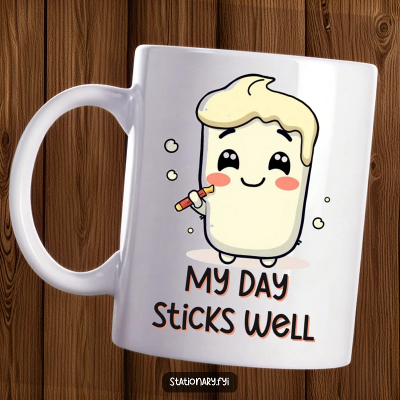 Funny Kawaii Glue Stick character giggling while smearing a joyful line, celebrating adhesion and humor, perfect for gifting.