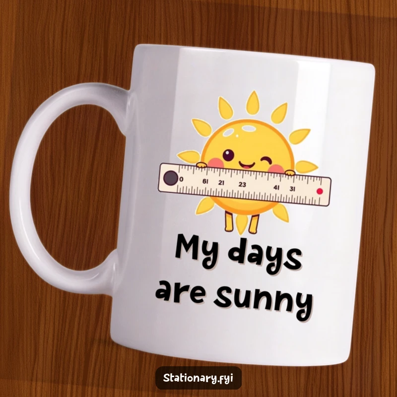 Funny Kawaii Ruler character cheerfully measuring a smiling sun, celebrating positivity and measurement humor, perfect for gifting.