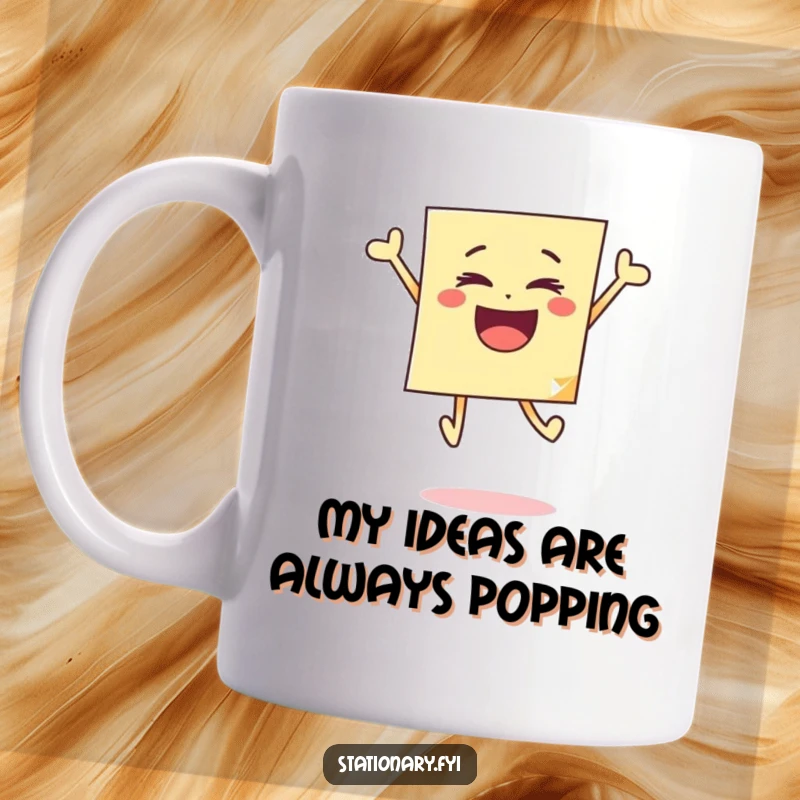 Funny mug featuring a bouncy sticky note in mid-air, celebrating with energetic joy and a cheerful expression.