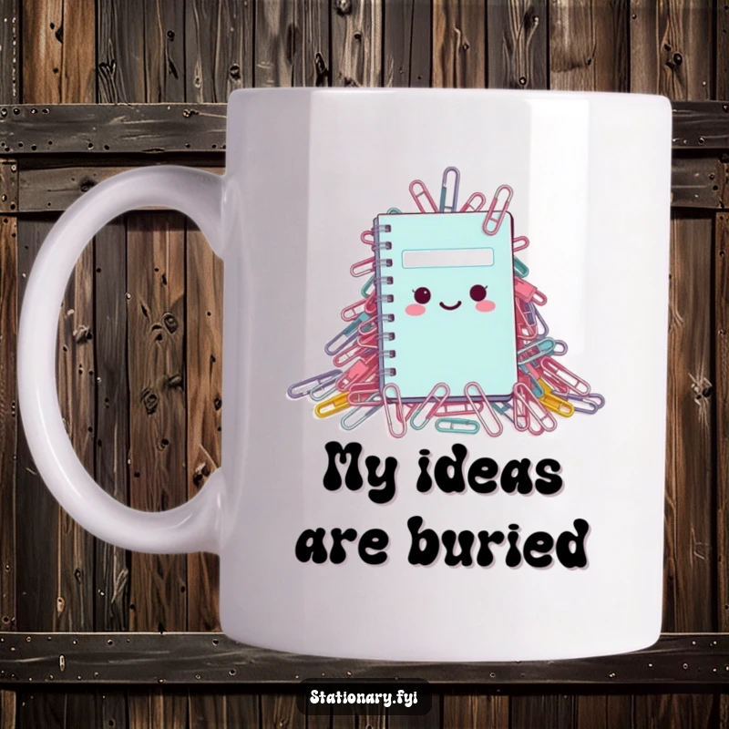 Funny Mug: A tiny, overwhelmed notebook peeking from a massive paperclip mountain, conveying office chaos and humor.