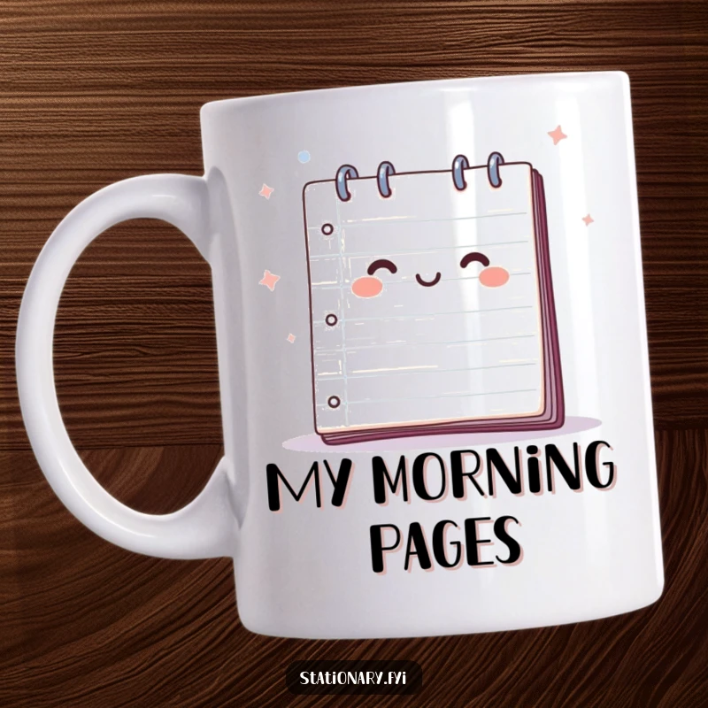 Funny mug featuring a cheerful notepad with pages fluttering in a gentle breeze, representing creativity and freedom.