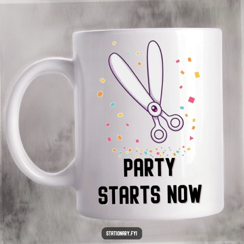 Funny mug featuring a giggling pair of scissors happily cutting a cascade of colorful confetti, symbolizing celebration.
