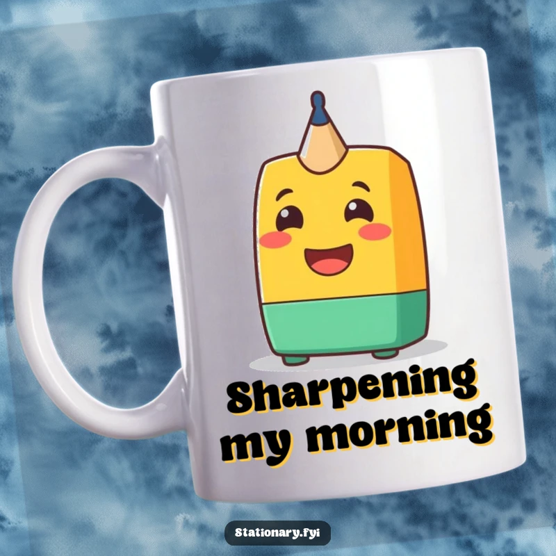 Funny Mug: A cheerful pencil sharpener character with a wide, friendly grin, radiating positivity and a love for shaping pencils.