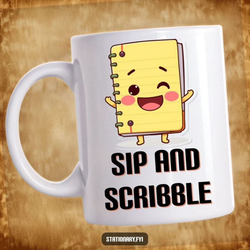 Funny mug showcasing a wobbly notebook character with an enormous smile, radiating joy and a love for writing.