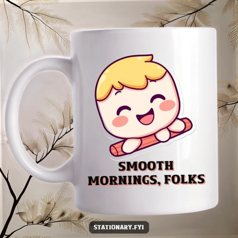 Funny kawaii glue stick mug featuring a smiling character sliding smoothly, radiating cheerful, sticky fun.