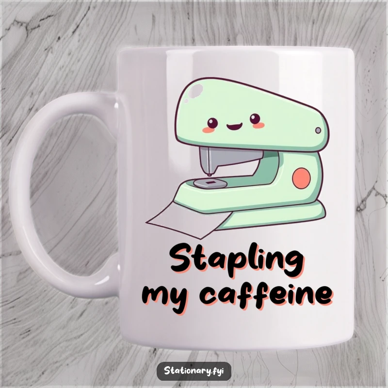 Funny Mug with a delighted stapler rapidly fastening pieces of paper, showcasing efficiency and humor, a perfect gift.