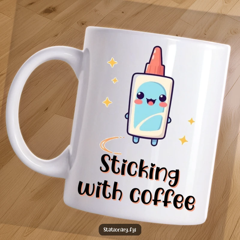 Funny Mug of a playful glue stick leaving a vibrant, sparkly trail, celebrating creativity and adhesive fun.