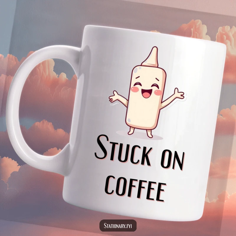 Funny Mug with a giggling glue stick spreading itself with joy, showcasing adhesiveness and hilarity, a perfect gift.