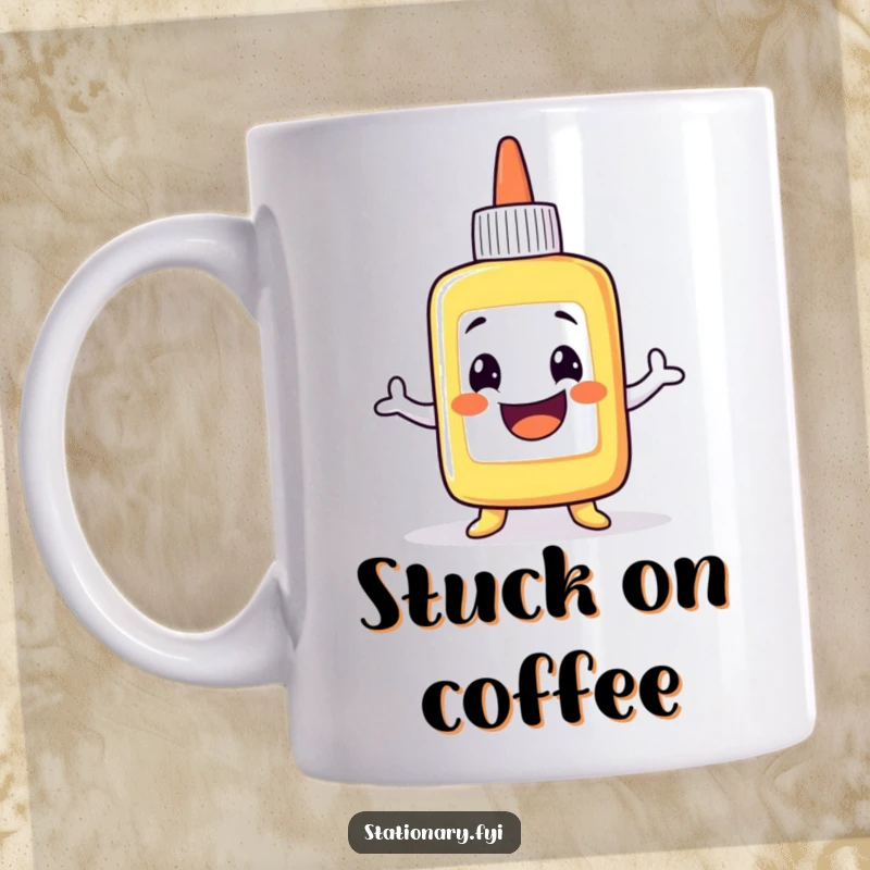 Funny Mug: A grinning glue bottle character performing a wobbly dance, radiating sticky fun and cheerfulness.