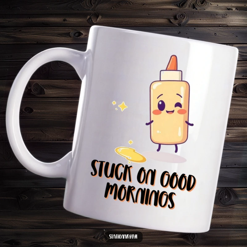 Funny glue stick mug showing a giggling glue stick character leaving a shiny, sparkling, and sticky trail behind.