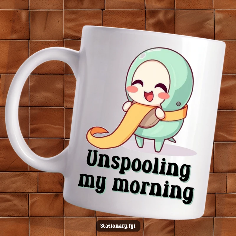 Funny mug featuring a giggling tape dispenser character happily unraveling a ribbon with a joyful expression.