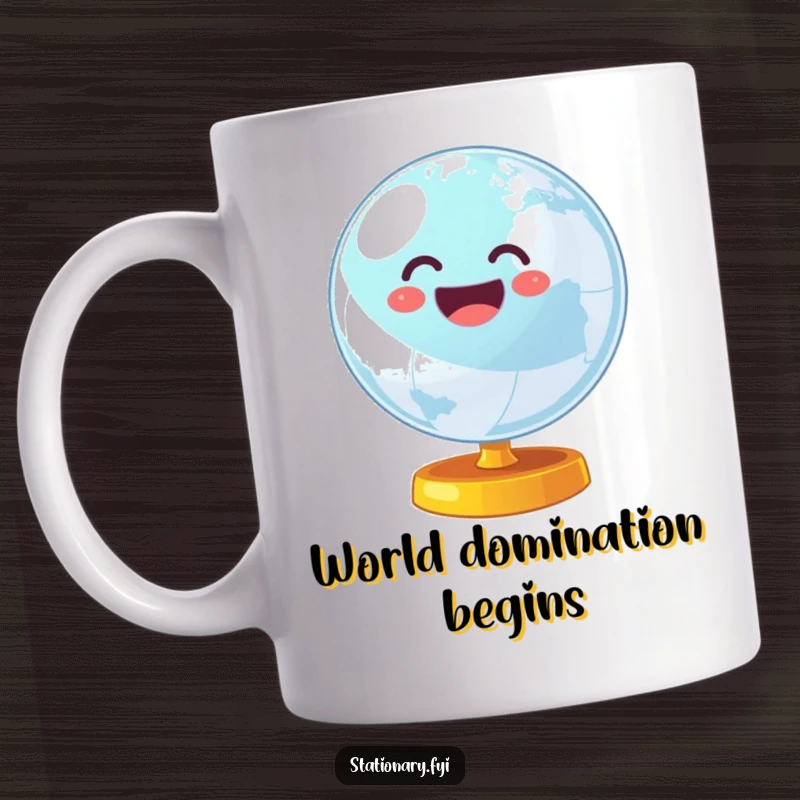 Funny mug featuring a charmingly wobbly globe spinning with cheerful, energetic vibes, representing global fun.