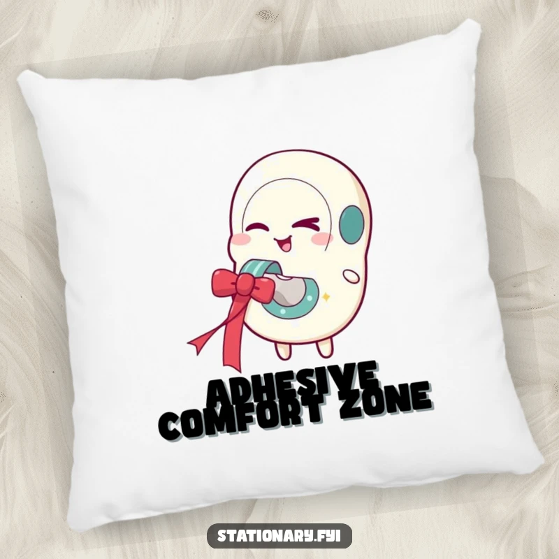Funny pillow featuring a winking tape dispenser character, dispensing a festive ribbon, offering cozy and humorous comfort.