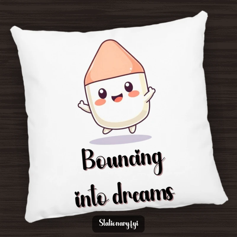 Funny Kawaii Eraser Pillow: A soft pillow featuring a happily bouncing kawaii eraser, perfect for adding playful comfort.