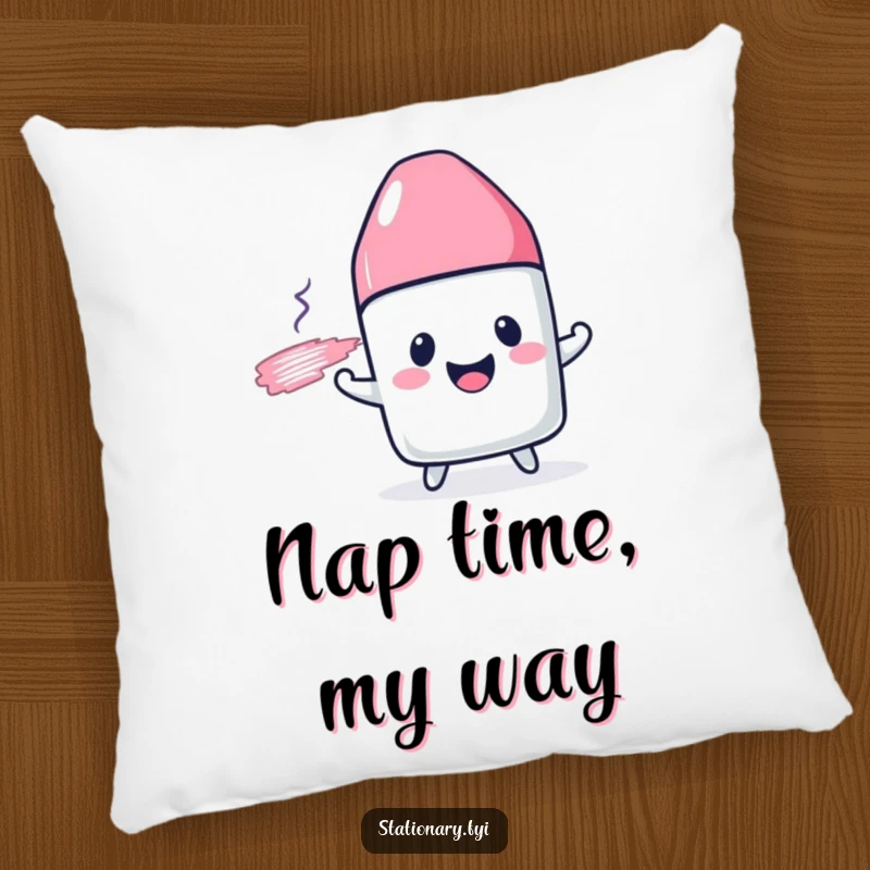 Funny pillow with a cheerful eraser character happily smudging a drawn line, offering comfort and laughs.