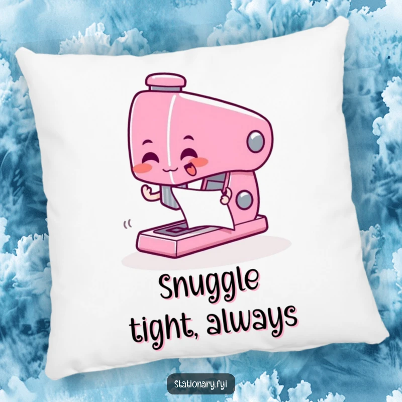 Funny pillow featuring a giddy stapler character zapping paper together, for cozy office humor.