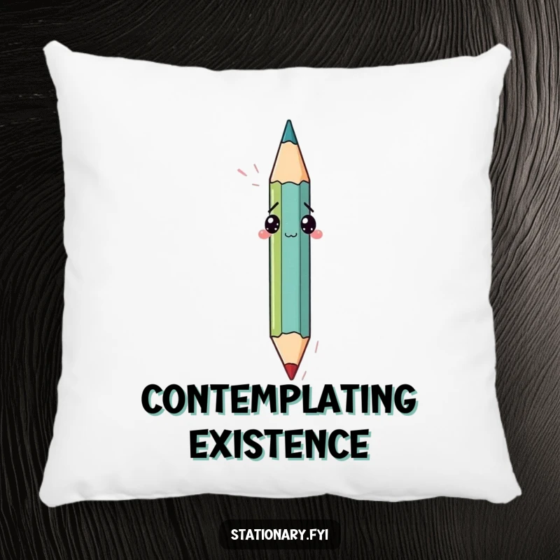 Funny pillow featuring a confused pencil attempting to draw itself with its own tip, a humorous and comforting decor piece.