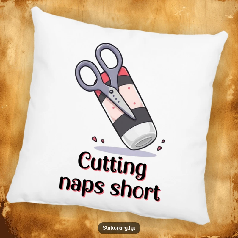 Funny scissors trying to cut a large rubbery eraser, a soft and humorous pillow for comfort.