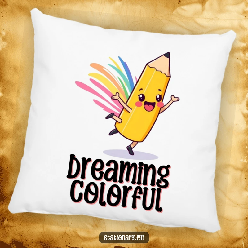 Funny playful pencil pillow, cartwheeling character with a colorful streak, providing comfort and artistic flair.