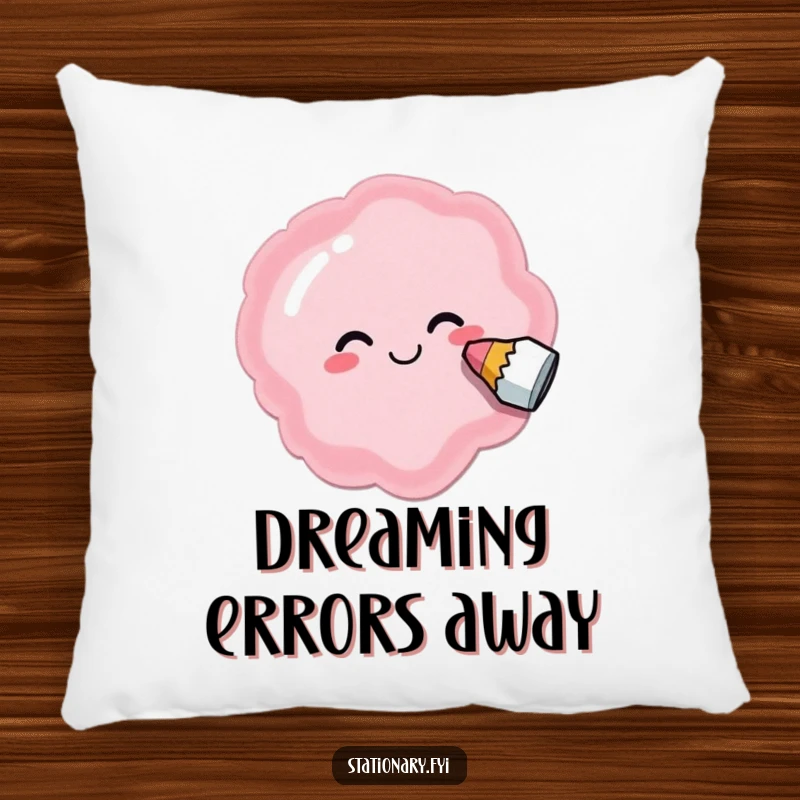Funny pillow featuring a delighted eraser happily smudging a silly shape, perfect for adding humor to relaxation.