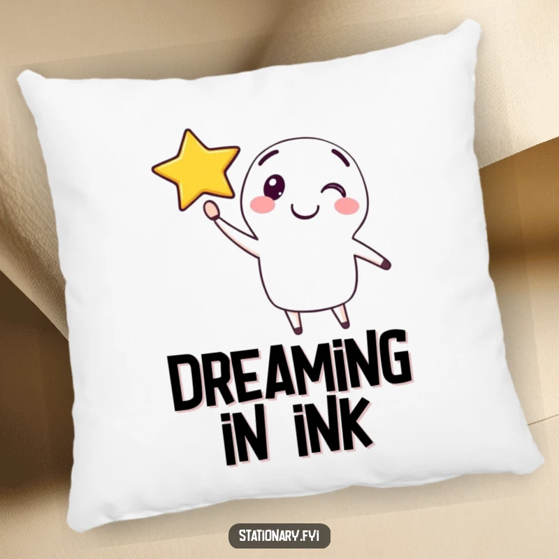 Funny decorative pillow featuring a happy pen character drawing a smiling star in the air, adding creative comfort.