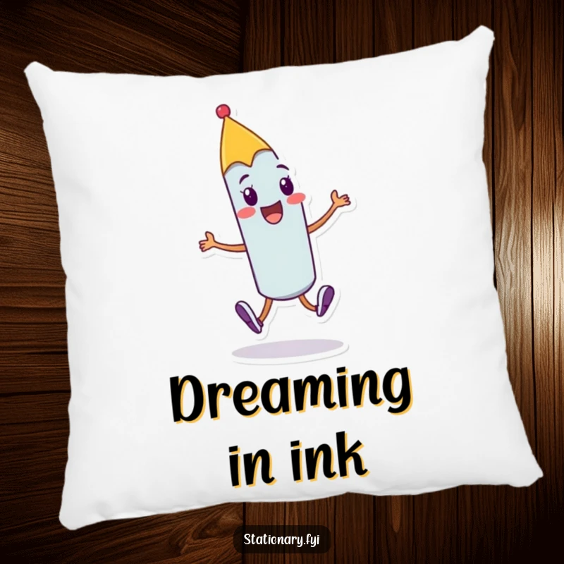 Funny cheerful pen pillow with a character doing a joyful skip with a flourish, offering cozy comfort and creative humor.