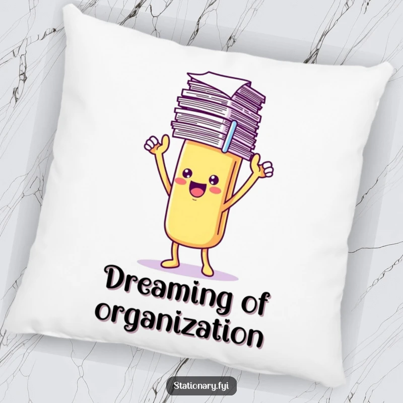 Funny Pillow designed with a triumphant Kawaii paperclip character holding papers, offering soft comfort and a sense of achievement.