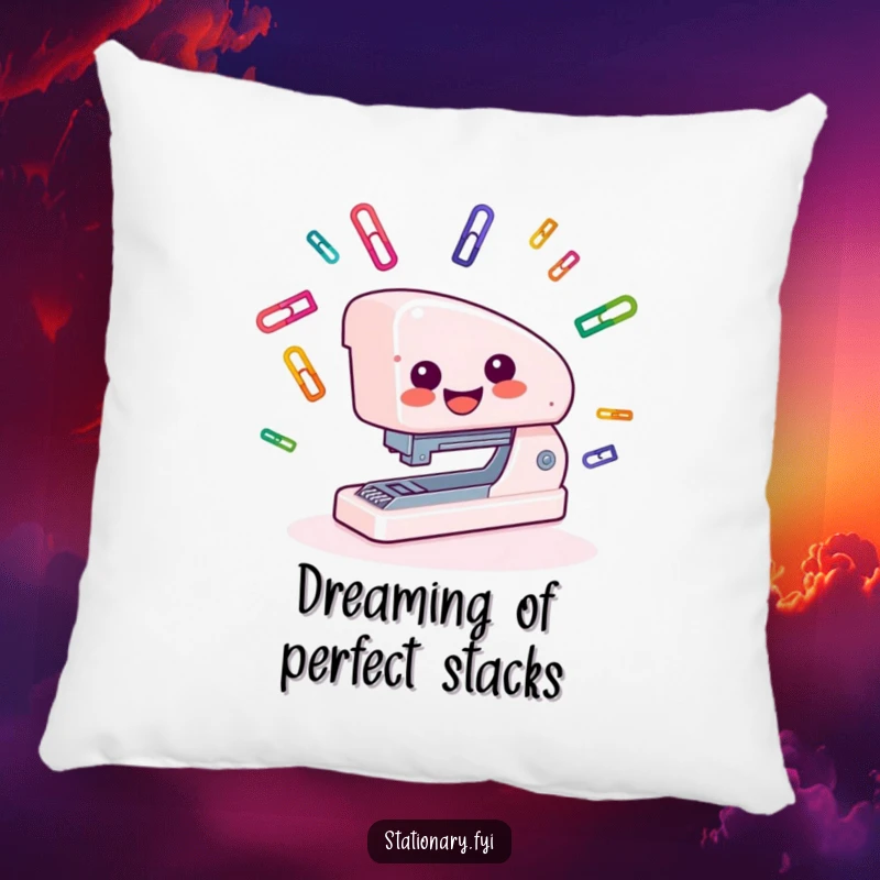 Funny Pillow with a smiling stapler juggling colorful paper clips, adding a soft touch of amusement.