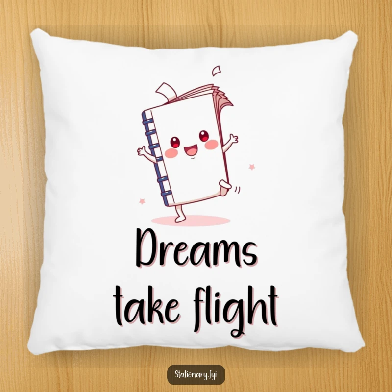 Funny Kawaii Notebook Pillow with a cartwheeling character and flying pages, designed for humorous comfort and creative decor.