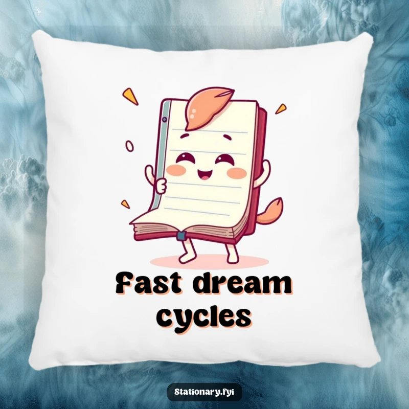Funny pillow featuring a joyful notebook character flipping pages rapidly, providing cozy comfort for readers.