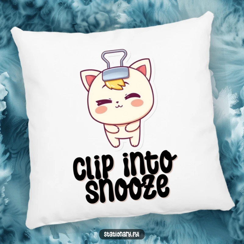 Funny decorative pillow featuring a mischievous binder clip character playfully winking, adding comfort and amusement.