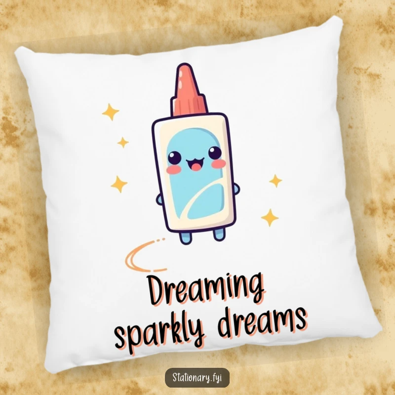 Funny Pillow with a playful glue stick leaving a sparkly trail, adding a soft touch of creative humor.