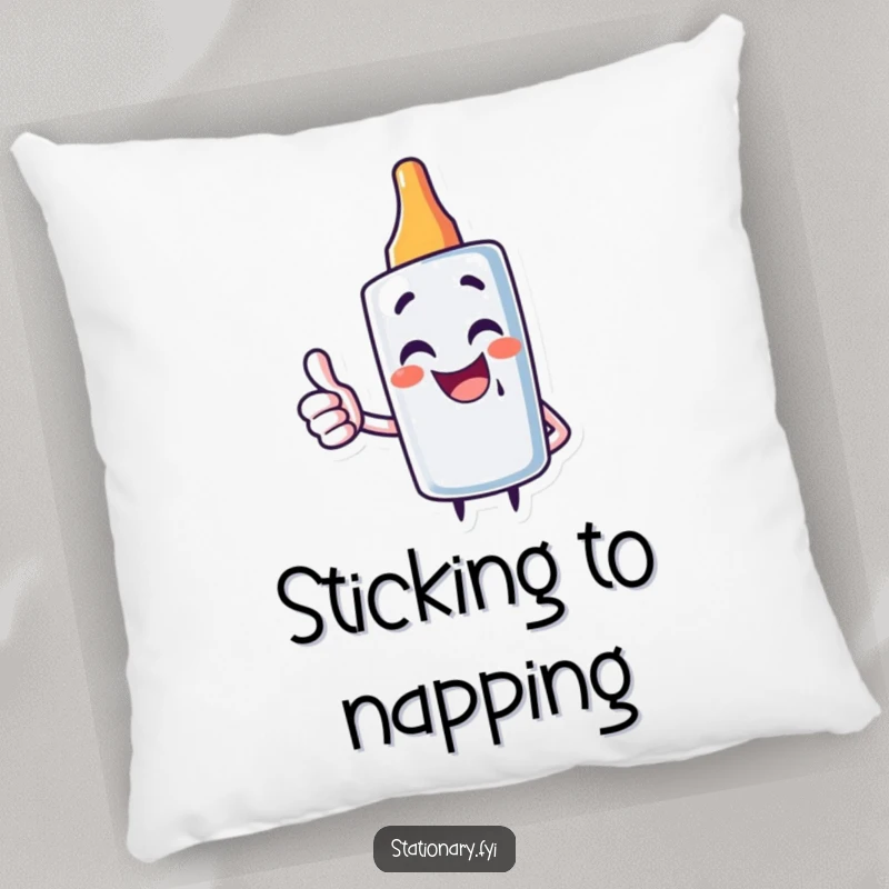Funny decorative pillow featuring a giggling glue stick character with a thumbs up, bringing comfort and amusement.